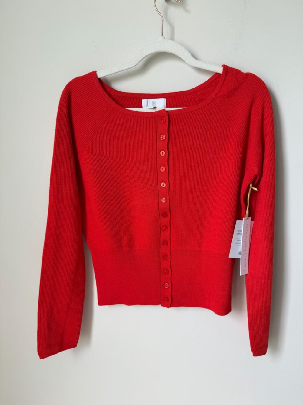 Red Merino Wool Button-Front Cardigan